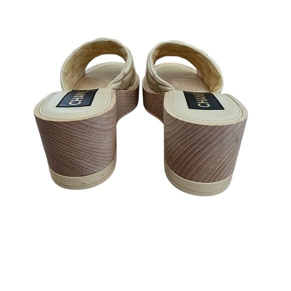 Chanel CC Wood Platform Sandal Slide Mule Size 39 US 8 8.5 Quilted Beige Leather - Picture 9 of 14